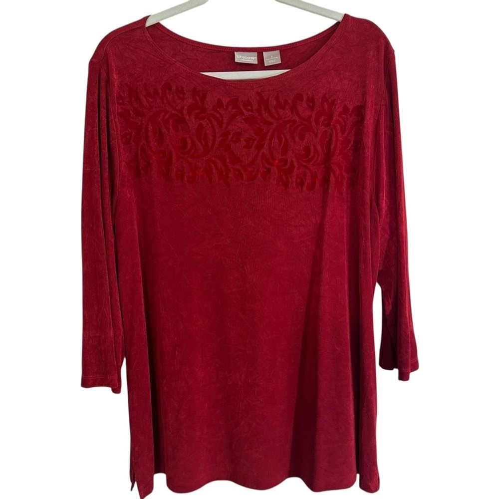 Chico's Travelers Top XL Women 3 Red Velvet Burnout Scroll 3/4 Sleeve Blouse